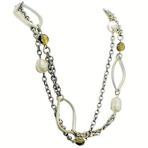 White Pearl Layered Station Necklace 18" Silver Tone Multi-Chain Station